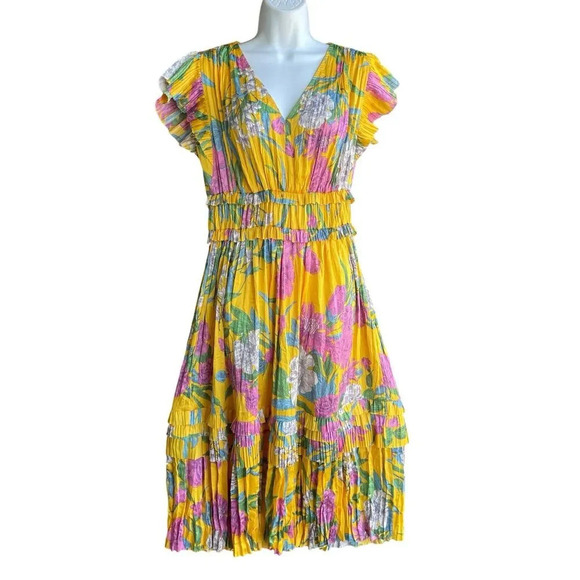 Current Air Seria Midi Dress Marigold V-neck Pleated Floral Flutter Sleeve Sz S - Picture 2 of 4